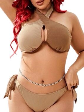 Bikini Nude Color Block Cross Halter Underwire Plus Size in 3X NWT